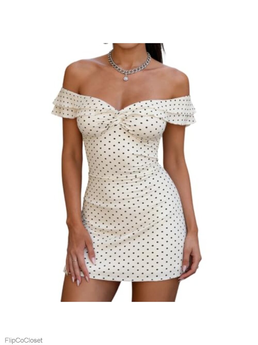 Polka Dot Off Shoulder Mini Dress Twist Front Bodycon